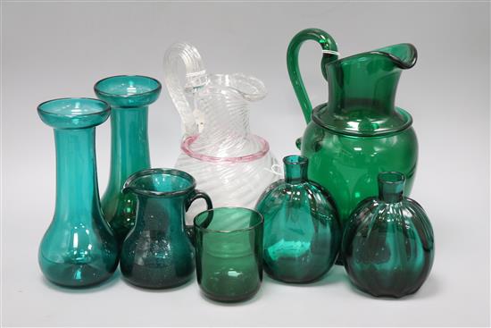 A Murano style hand-blown pink-banded plain wrythen glass jug and seven pieces of green glassware, tallest 24cm (8)